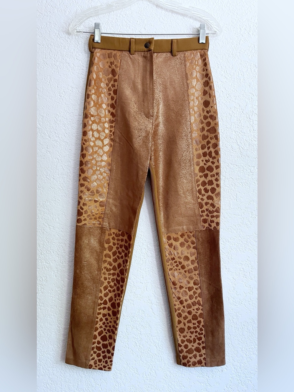 Art To Wear Brown Suede Leather Patchwork Animal Print Pants Small Boho Artisan